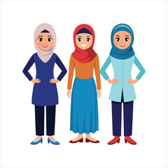 3 women character with hijab full body art vector