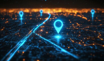 A map with a GPS tracking system, data visualization lines, tracing locations in a city with a pinpoint icon, 3d lighting effect