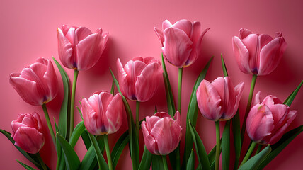 Fototapeta premium Elegant pink tulips with lush green leaves against a pink background close-up floral minimalist theme.