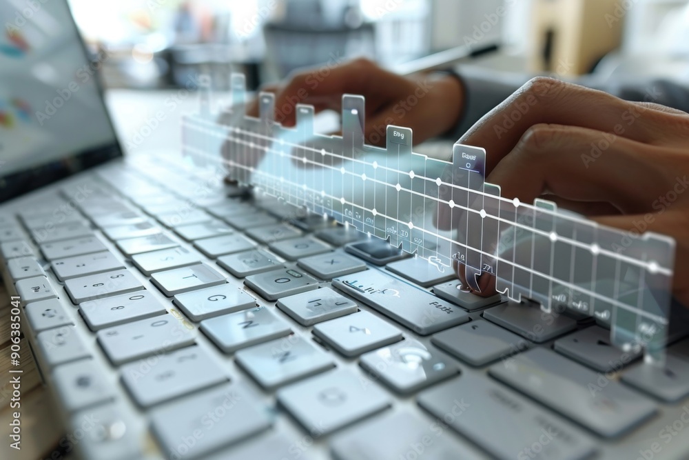 Poster hands typing on a laptop with a transparent graph overlay