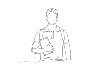 Teenage boy preparing to go back to school. Back to school concept one-line drawing