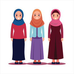 3 women character with hijab full body art vector