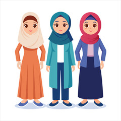 3 women character with hijab full body art vector