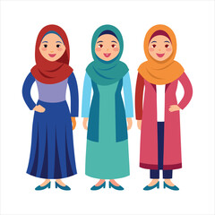 3 women character with hijab full body art vector