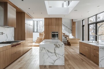 Modern open kitchen with white marble island, wood cabinetry, and light oak floor in a Montreal home. Bright natural lighting and ultra-realistic details.
