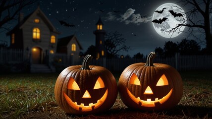 A bats flying in the night sky on a full moon on Halloween, Jack-o'-lantern pumpkins are light on the ground