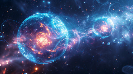 Obraz premium Particles connected by mysterious energy threads on a dark background of a nebula