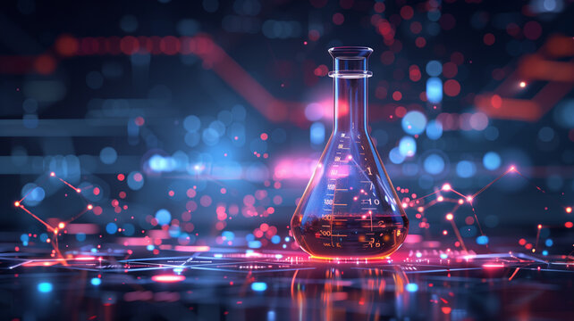 A glowing laboratory flask symbolizing the integration of AI into scientific experiments and data analysis