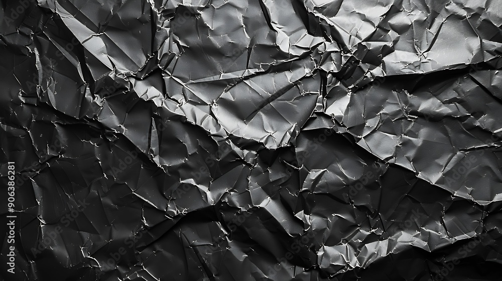 Poster Empty crumpled wet black paper blank texture copy space wall horizontal background : Generative AI