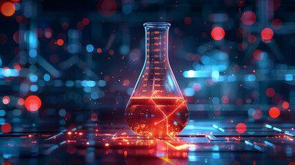 A glowing laboratory flask symbolizing the integration of AI into scientific experiments and data analysis