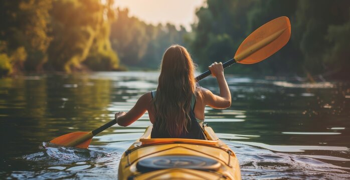 A woman wearing a life jacket kayaking on the river while holding an oar, beautiful scenic nature view, green eco-friendly shot, calm forest