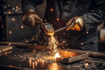 Work at the factory. Working professions. Men's hands in protective gloves with metal. There are sparks around. Hard work that requires high concentration and professionalism.