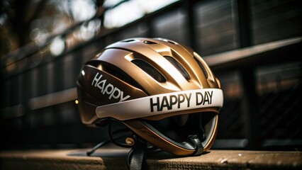 Fototapeta premium The word on helmet of cyclist is wish you happy day. healthty together, sport activity concept.
