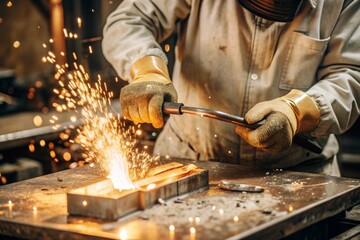 Work at the factory. Working professions. Men's hands in protective gloves with metal. There are sparks around. Hard work that requires high concentration and professionalism.