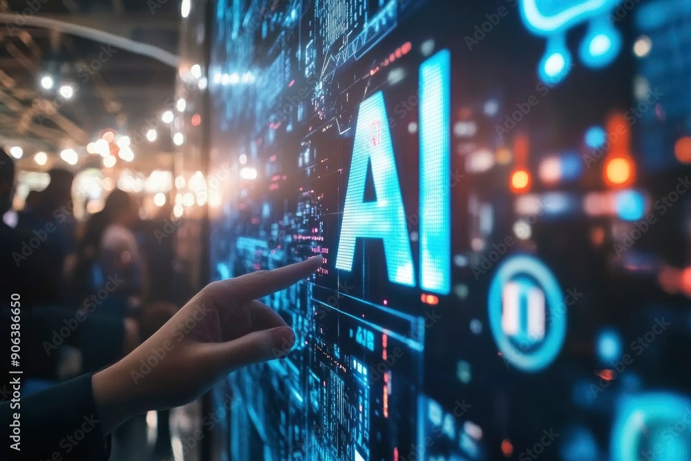 Poster a person interacting with ai on a digital display