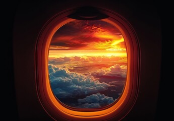 A beautiful view from an airplane window of colorful sunset skies with clouds, porthole, aerial shot, scenic photography