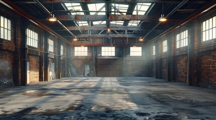 Obraz premium Interior view of an old rundown and abandoned factory building Big empty room with brick walls exposed beams and florescent light fixtures hanging form the ceiling : Generative AI
