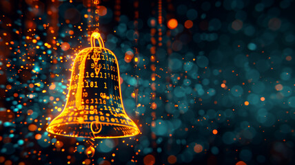 Digital yellow bell icon with binary code elements, event scheduling algorithm