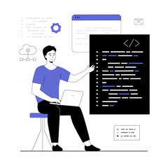 Software development, programming, coding. Programmer and IT specialist at workplace with laptop, develop mobile application or program. Vector illustration with line people for web design.