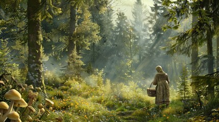 An herbalist gathers wild plants, surrounded by lush greenery, vibrant flowers, and soft morning light filtering through the trees