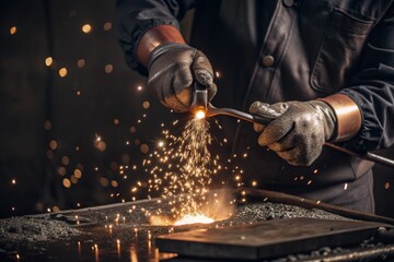 Work at the factory. Working professions. Men's hands in protective gloves with metal. There are sparks around. Hard work that requires high concentration and professionalism.