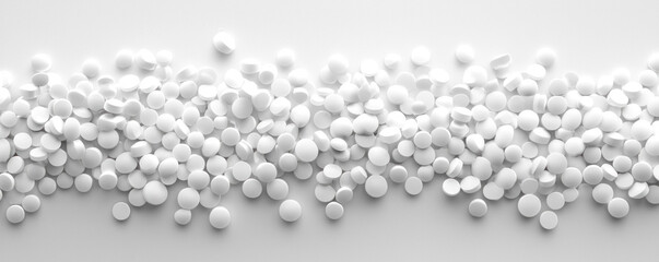 A pile of white pills is shown in a close up. The pills are small and white, and they are scattered across the image. Concept of abundance and variety, as there are many pills in different sizes