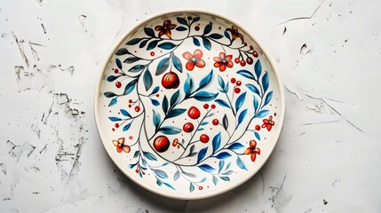 A white plate with blue flowers and red berries