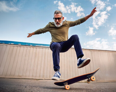 Dynamic old man jumping on a skateboard in the morning.