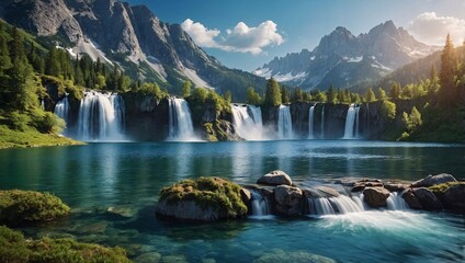 Majestic lake and waterfalls in the mountains. D photo wallpaper design