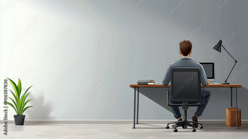 Poster a man sits at a desk with a computer and a potted plant in the background. the room is clean and org