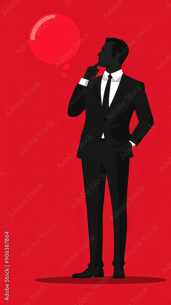 Poster a man in a suit is standing in front of a red background, looking to the right. he is deep in though