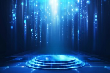 Blue technology background with podium and geometric shapes, illustration for presentation or banner design.