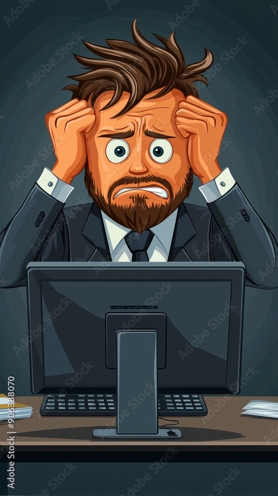 Poster a man with a beard is sitting at a desk in front of a computer monitor. he is looking at the screen 