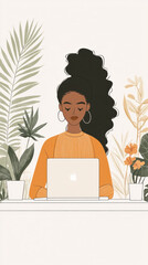 A woman is sitting at a desk with a laptop in front of her. She is wearing an orange shirt and has a flowery hairstyle. Concept of productivity and focus