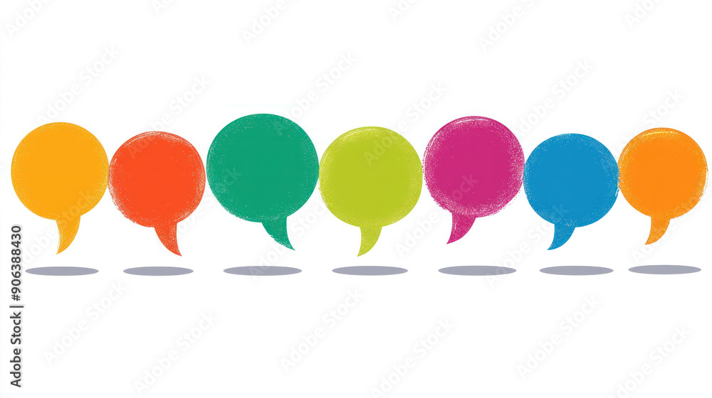 Poster a row of colorful speech bubbles with a white background. the bubbles are of different colors and si