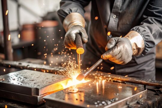 Work at the factory. Working professions. Men's hands in protective gloves with metal. There are sparks around. Hard work that requires high concentration and professionalism. - Powered by Adobe