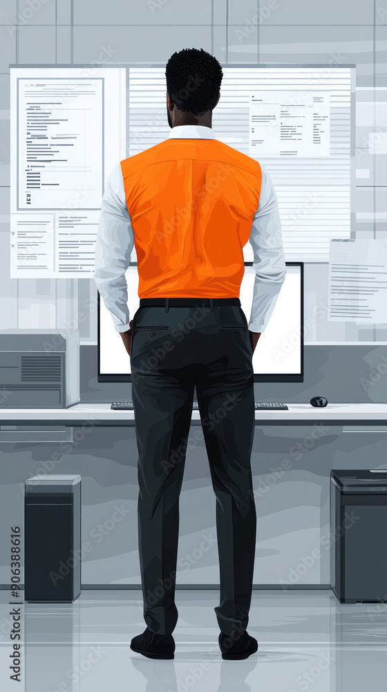 Poster a man in an orange vest stands in front of a computer monitor. he is looking at the screen with a se