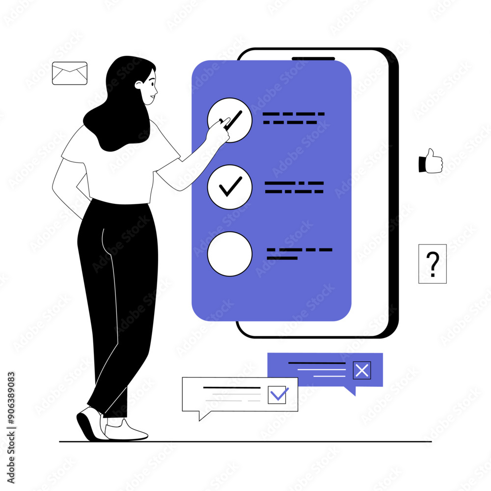 Poster online survey concept. woman giving feedback and answering questions marking checkbox in mobile form