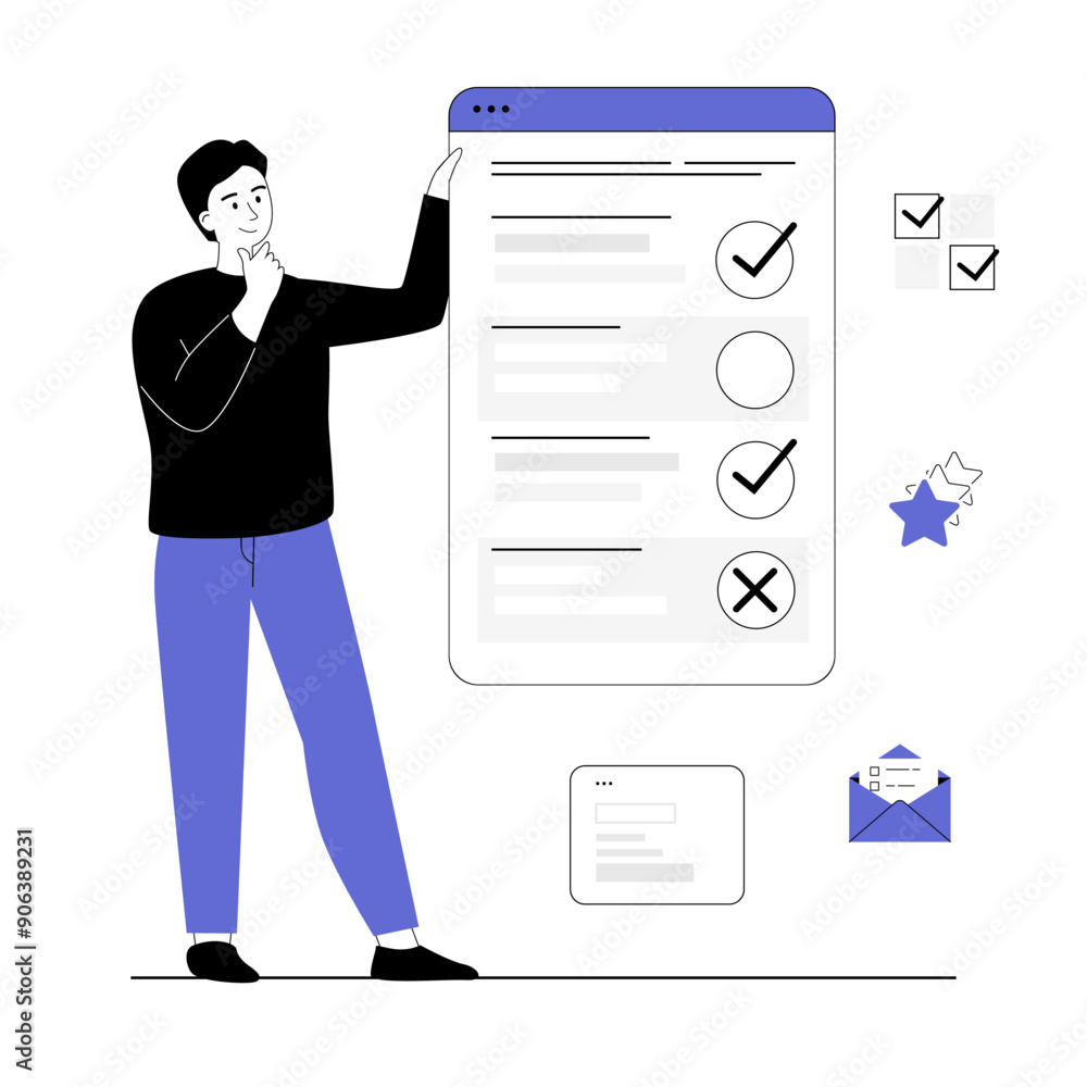 Poster online survey concept. man put cross or tick in questionnaire or quiz on web page. vector illustrati