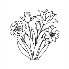 a composition of narcissus flowers line art illustration vector