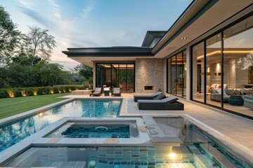 Fototapeta premium Modern outdoor swimming pool with high-end garden furniture in an idyllic Brazilian landscape. Includes lawn, palm trees, deck leading to a relaxation area. Captured with sharp focus on water surface,