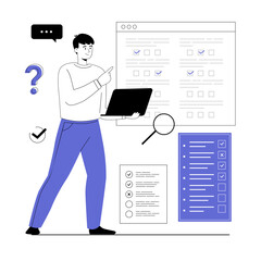 Online survey concept. Opinion questionnaire forms. Man fill out survey forms online on the web pages. Vector illustration with line people for web design.