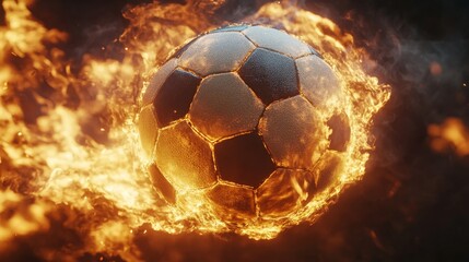Fototapeta premium A burning soccer ball on a black background. 3D illustration with space for text.