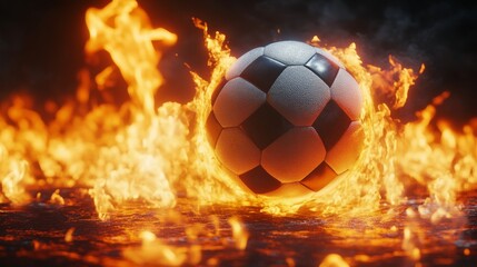 Fototapeta premium A burning soccer ball on a black background. 3D illustration with space for text.