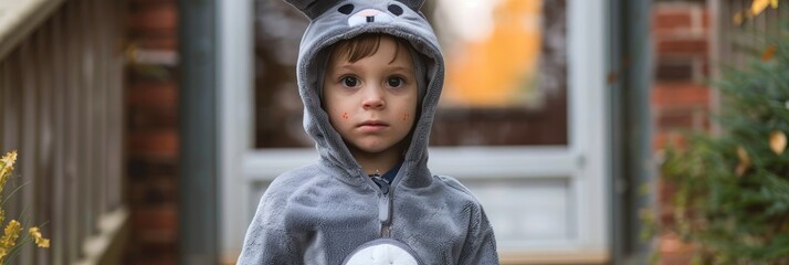Young boy wearing a rabbit costume going door to door for Halloween