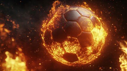 A burning soccer ball on a black background. 3D illustration with space for text.