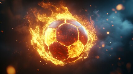A burning soccer ball on a black background. 3D illustration with space for text.