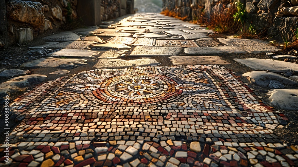 Poster ancient mosaic floor regular pattern from laodicea church with geometric design denizli turkey turki