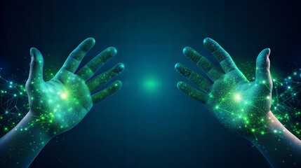 Glowing green hands connected to a digital network, on a gradient background, a futuristic technological concept