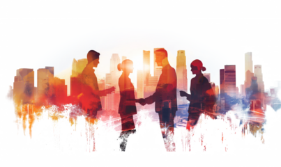 Double-exposure watercolor image of business people interacting against a cityscape backdrop